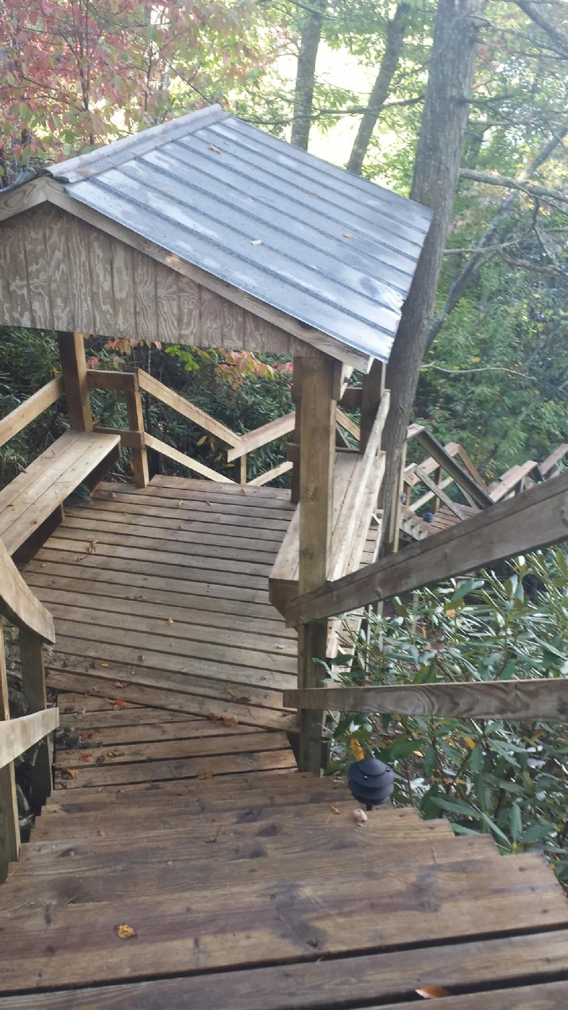 Metal roofed shelter over wooden steps on a wooded walkway — Skylight Repair & Installation work by our crew in Crittenden
